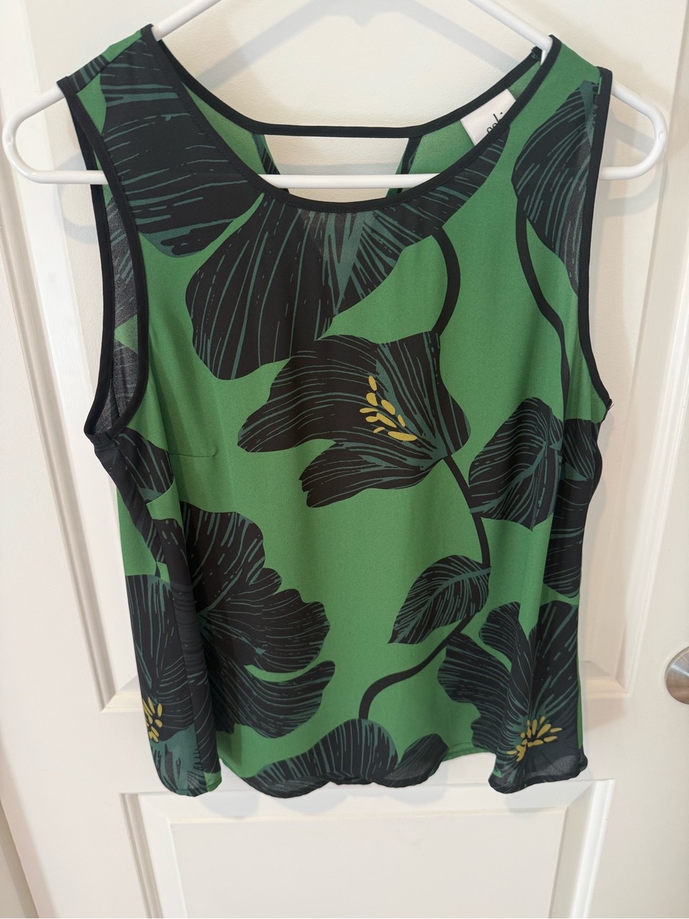 CAbi Green Floral Sleeveless Camisole with Black Trim